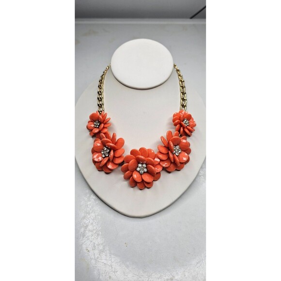 Gold-Tone Chain And Chunky Orange Flowers With Rhinestone Centers Bib Necklace - Picture 2 of 5